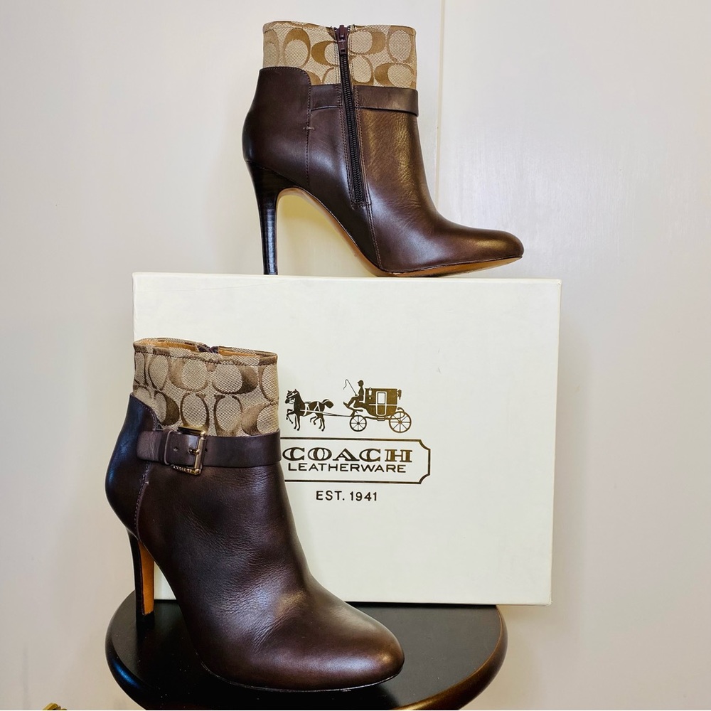 Coach Messina Women Leather Ankle Bootie with Signature Monogram Canvas